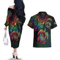 Hawaii Pride Couples Matching Off The Shoulder Long Sleeve Dress and Hawaiian Shirt Rainbow Swirls