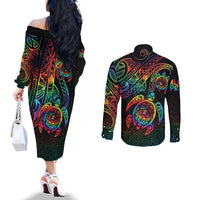 Hawaii Pride Couples Matching Off The Shoulder Long Sleeve Dress and Long Sleeve Button Shirt Rainbow Swirls LT7 - Polynesian Pride