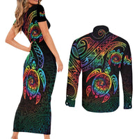 Hawaii Pride Couples Matching Short Sleeve Bodycon Dress and Long Sleeve Button Shirt Rainbow Swirls LT7 - Polynesian Pride