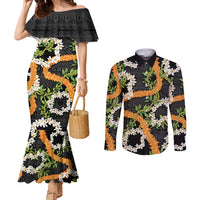 Aloha Festive Hawaii Couples Matching Mermaid Dress and Long Sleeve Button Shirt Mokihana - Maile and Ilima on Black - Polynesian Pride