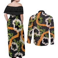 Aloha Festive Hawaii Couples Matching Off Shoulder Maxi Dress and Long Sleeve Button Shirt Mokihana - Maile and Ilima on Black - Polynesian Pride