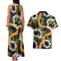Aloha Festive Hawaii Couples Matching Tank Maxi Dress and Hawaiian Shirt Mokihana - Maile and Ilima on Black - Polynesian Pride