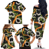 Aloha Festive Hawaii Family Matching Off The Shoulder Long Sleeve Dress and Hawaiian Shirt Mokihana - Maile and Ilima on Black - Polynesian Pride