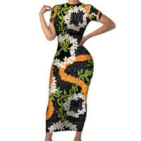 Aloha Festive Hawaii Family Matching Short Sleeve Bodycon Dress and Hawaiian Shirt Mokihana - Maile and Ilima on Black - Polynesian Pride