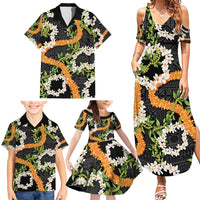 Aloha Festive Hawaii Family Matching Summer Maxi Dress and Hawaiian Shirt Mokihana - Maile and Ilima on Black - Polynesian Pride