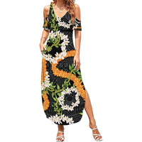 Aloha Festive Hawaii Family Matching Summer Maxi Dress and Hawaiian Shirt Mokihana - Maile and Ilima on Black - Polynesian Pride