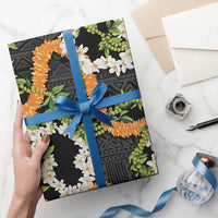 Aloha Festive Hawaii Wrapping Paper Mokihana - Maile and Ilima on Black LT7 - Polynesian Pride