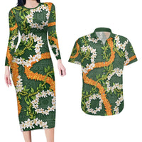 Aloha Festive Hawaii Couples Matching Long Sleeve Bodycon Dress and Hawaiian Shirt Mokihana - Maile and Ilima on Forest Green - Polynesian Pride