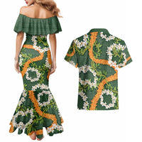 Aloha Festive Hawaii Couples Matching Mermaid Dress and Hawaiian Shirt Mokihana - Maile and Ilima on Forest Green - Polynesian Pride