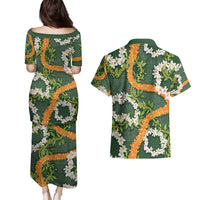 Aloha Festive Hawaii Couples Matching Puletasi and Hawaiian Shirt Mokihana - Maile and Ilima on Forest Green - Polynesian Pride