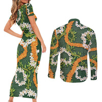 Aloha Festive Hawaii Couples Matching Short Sleeve Bodycon Dress and Long Sleeve Button Shirt Mokihana - Maile and Ilima on Forest Green - Polynesian Pride