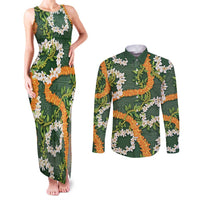Aloha Festive Hawaii Couples Matching Tank Maxi Dress and Long Sleeve Button Shirt Mokihana - Maile and Ilima on Forest Green - Polynesian Pride