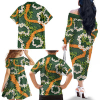 Aloha Festive Hawaii Family Matching Off The Shoulder Long Sleeve Dress and Hawaiian Shirt Mokihana - Maile and Ilima on Forest Green - Polynesian Pride