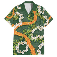 Aloha Festive Hawaii Family Matching Off Shoulder Maxi Dress and Hawaiian Shirt Mokihana - Maile and Ilima on Forest Green LT7 Dad's Shirt - Short Sleeve Forest Green - Polynesian Pride