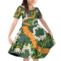 Aloha Festive Hawaii Family Matching Off Shoulder Short Dress and Hawaiian Shirt Mokihana - Maile and Ilima on Forest Green - Polynesian Pride