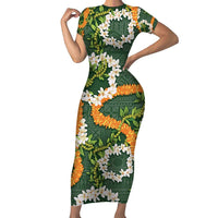 Aloha Festive Hawaii Short Sleeve Bodycon Dress Mokihana - Maile and Ilima on Forest Green - Polynesian Pride