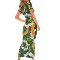 Aloha Festive Hawaii Short Sleeve Bodycon Dress Mokihana - Maile and Ilima on Forest Green - Polynesian Pride