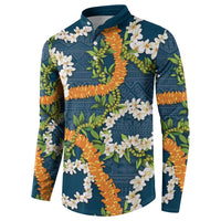 Aloha Festive Hawaii Button Sweatshirt Mokihana - Maile and Ilima on Navy Blue - Polynesian Pride