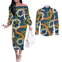 Aloha Festive Hawaii Couples Matching Off The Shoulder Long Sleeve Dress and Long Sleeve Button Shirt Mokihana - Maile and Ilima on Navy Blue - Polynesian Pride