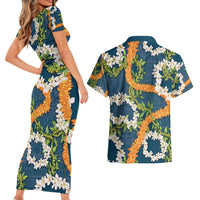 Aloha Festive Hawaii Couples Matching Short Sleeve Bodycon Dress and Hawaiian Shirt Mokihana - Maile and Ilima on Navy Blue - Polynesian Pride