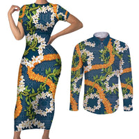 Aloha Festive Hawaii Couples Matching Short Sleeve Bodycon Dress and Long Sleeve Button Shirt Mokihana - Maile and Ilima on Navy Blue - Polynesian Pride