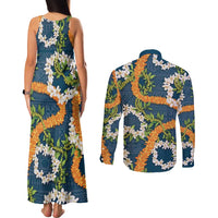 Aloha Festive Hawaii Couples Matching Tank Maxi Dress and Long Sleeve Button Shirt Mokihana - Maile and Ilima on Navy Blue - Polynesian Pride