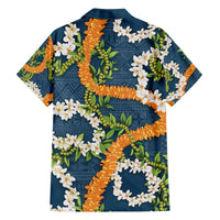 Aloha Festive Hawaii Family Matching Off The Shoulder Long Sleeve Dress and Hawaiian Shirt Mokihana - Maile and Ilima on Navy Blue - Polynesian Pride