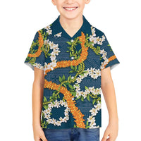 Aloha Festive Hawaii Family Matching Off Shoulder Maxi Dress and Hawaiian Shirt Mokihana - Maile and Ilima on Navy Blue LT7 Son's Shirt Navy Blue - Polynesian Pride