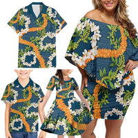 Aloha Festive Hawaii Family Matching Off Shoulder Short Dress and Hawaiian Shirt Mokihana - Maile and Ilima on Navy Blue - Polynesian Pride