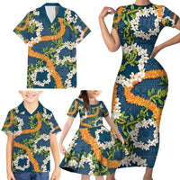 Aloha Festive Hawaii Family Matching Short Sleeve Bodycon Dress and Hawaiian Shirt Mokihana - Maile and Ilima on Navy Blue - Polynesian Pride