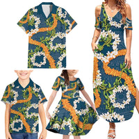 Aloha Festive Hawaii Family Matching Summer Maxi Dress and Hawaiian Shirt Mokihana - Maile and Ilima on Navy Blue - Polynesian Pride