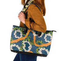 Aloha Festive Hawaii Leather Tote Bag Mokihana - Maile and Ilima on Navy Blue - Polynesian Pride