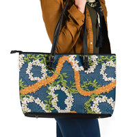 Aloha Festive Hawaii Leather Tote Bag Mokihana - Maile and Ilima on Navy Blue - Polynesian Pride