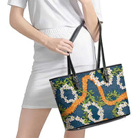 Aloha Festive Hawaii Leather Tote Bag Mokihana - Maile and Ilima on Navy Blue - Polynesian Pride
