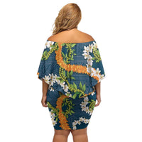 Aloha Festive Hawaii Off Shoulder Short Dress Mokihana - Maile and Ilima on Navy Blue LT7 - Polynesian Pride