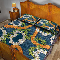 Aloha Festive Hawaii Quilt Bed Set Mokihana - Maile and Ilima on Navy Blue - Polynesian Pride