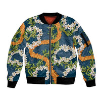 Aloha Festive Hawaii Sleeve Zip Bomber Jacket Mokihana - Maile and Ilima on Navy Blue LT7 Unisex Navy Blue - Polynesian Pride