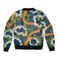 Aloha Festive Hawaii Sleeve Zip Bomber Jacket Mokihana - Maile and Ilima on Navy Blue LT7 - Polynesian Pride