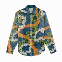 Aloha Festive Hawaii Women Casual Shirt Mokihana - Maile and Ilima on Navy Blue - Polynesian Pride