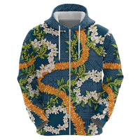 Aloha Festive Hawaii Zip Hoodie Mokihana - Maile and Ilima on Navy Blue - Polynesian Pride