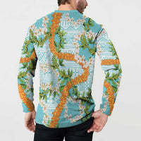 Aloha Festive Hawaii Button Sweatshirt Mokihana - Maile and Ilima on Turquoise - Polynesian Pride