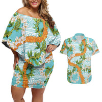 Aloha Festive Hawaii Couples Matching Off Shoulder Short Dress and Hawaiian Shirt Mokihana - Maile and Ilima on Turquoise - Polynesian Pride