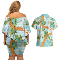 Aloha Festive Hawaii Couples Matching Off Shoulder Short Dress and Hawaiian Shirt Mokihana - Maile and Ilima on Turquoise - Polynesian Pride