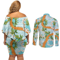 Aloha Festive Hawaii Couples Matching Off Shoulder Short Dress and Long Sleeve Button Shirt Mokihana - Maile and Ilima on Turquoise - Polynesian Pride