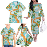 Aloha Festive Hawaii Family Matching Off The Shoulder Long Sleeve Dress and Hawaiian Shirt Mokihana - Maile and Ilima on Turquoise - Polynesian Pride