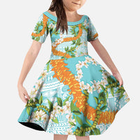 Aloha Festive Hawaii Family Matching Off Shoulder Maxi Dress and Hawaiian Shirt Mokihana - Maile and Ilima on Turquoise LT7 Daughter's Dress Turquoise - Polynesian Pride