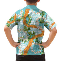 Aloha Festive Hawaii Kid Hawaiian Shirt Mokihana - Maile and Ilima on Turquoise - Polynesian Pride