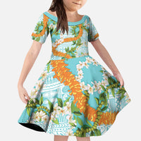 Aloha Festive Hawaii Kid Short Sleeve Dress Mokihana - Maile and Ilima on Turquoise - Polynesian Pride