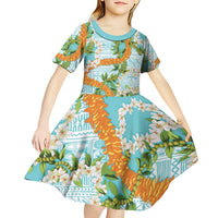 Aloha Festive Hawaii Kid Short Sleeve Dress Mokihana - Maile and Ilima on Turquoise - Polynesian Pride