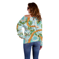Aloha Festive Hawaii Off Shoulder Sweater Mokihana - Maile and Ilima on Turquoise - Polynesian Pride